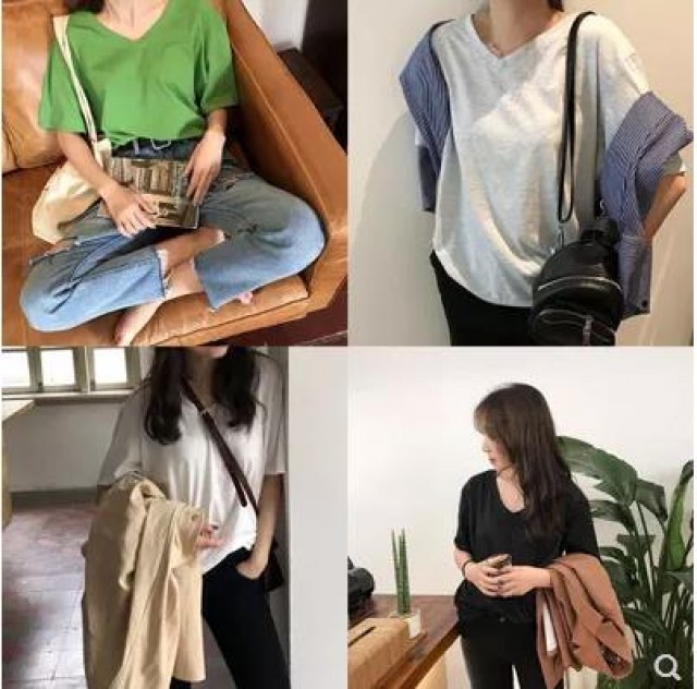 [해외] 봄 여름 신상 여성 패션 베이직 캐주얼 브이넥 반팔티셔츠 여름티셔츠