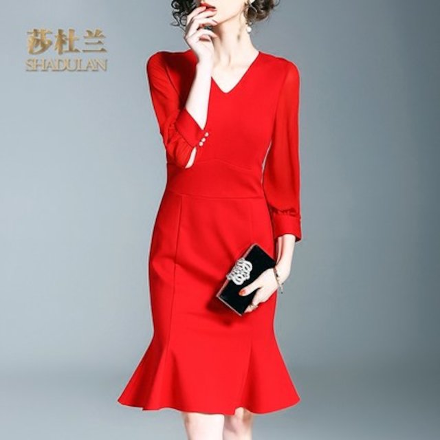 [해외]W13A380 Shadulan 2018 봄 새로운 우아한 사교계 V 칼라 슬림 fishtail 드레스 빨간 드레스 여성 슬리브 10481