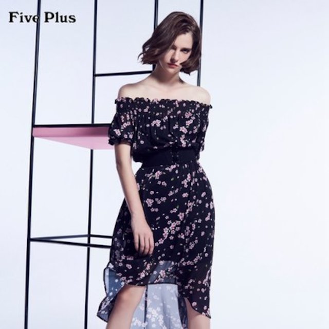 [해외]W143BC3 꽃 드레스 FivePlus2018 여름 새 여성 하이 웨스트 짧은 소매 불규칙한 strapless 드레스 블랙