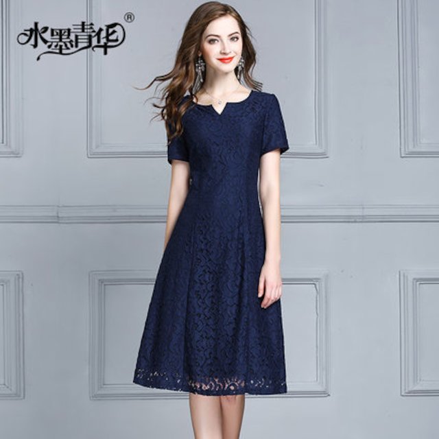 [해외]W143ED5 잉크 Qinghua 여름 새로운 통근 여성 패션 간단한 슬림 단어 우아한 반팔 레이스 드레스