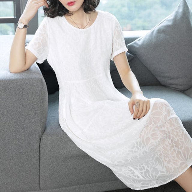 [해외]W143F4B 여름 여성의 반팔 스커트 봄 여름 긴 섹션의 한국어 버전 얇은 기질 흰색 쉬폰 드레스 여성 여름했다