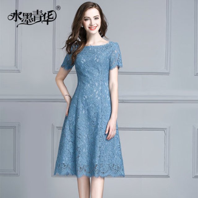 [해외]W143F4D 잉크 Qinghua 여름 새로운 기질 패션 통근자 짧은 소매 긴 단어 드레스 슬림 레이스 드레스