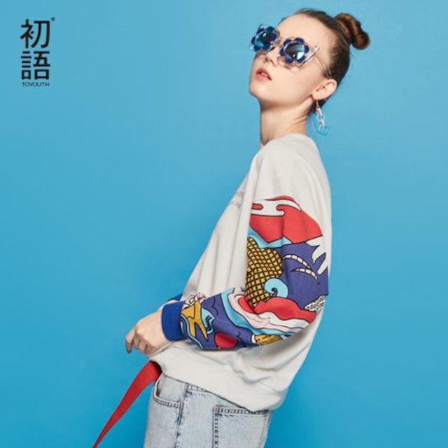 [해외]W14658E 초기 언어 2018 봄 새로운 긴팔 느슨한 스웨터 여성 얇은 박쥐 슬리브 성격 라운드 넥 목화 셔츠를 인쇄