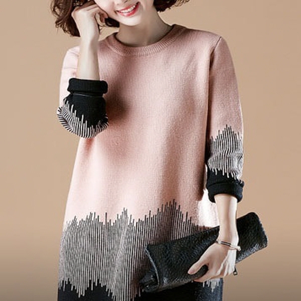 [해외] 여성의류 배색 패턴 루즈핏 니트 롱 스웨터